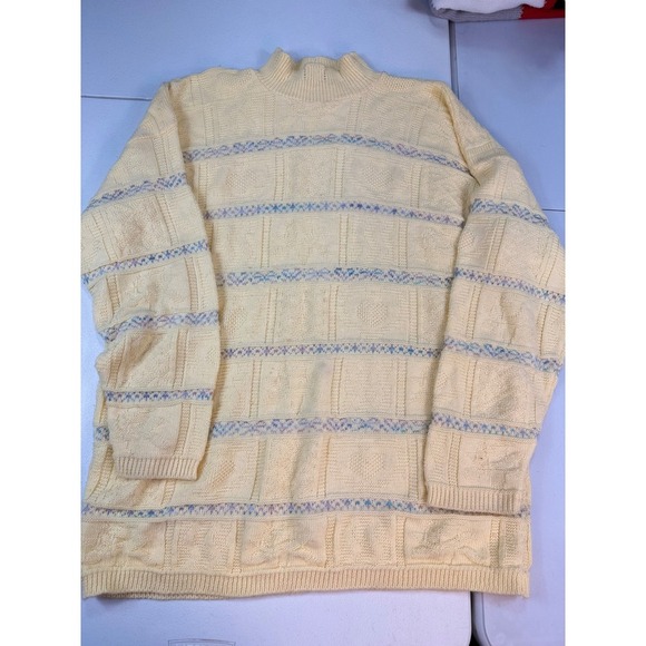 Vintage Basic Editions Knit Sweater Striped Cream Blue Acrylic Size Medium - Picture 2 of 7